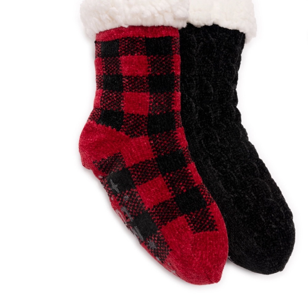 2pairs Muk‎ Luks red black plaid chenille faux fur non slip mid-calf Cabin socks
